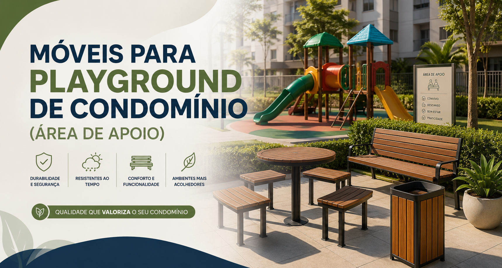 Móveis para playground de condomínio: bancos, mesas e apoio resistente para área infantil